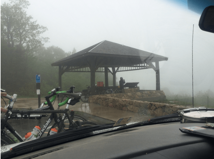 Somewhere behind the sideways rain and fog is a stunningly beautiful view. Instead we got borderline hypothermic conditions. 