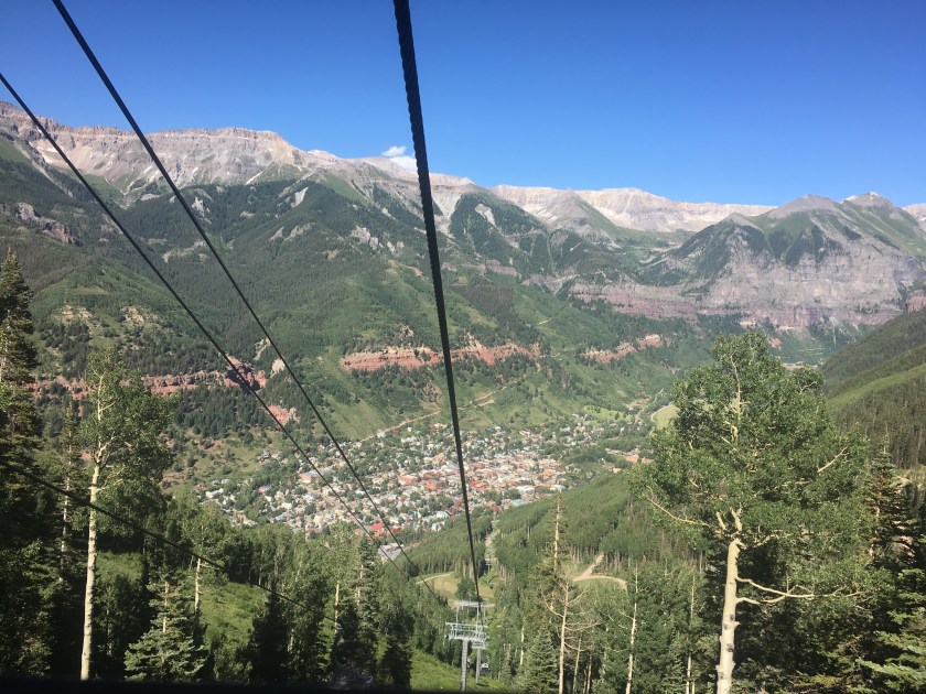 View of Telluride from a gondola which runs up and over the mountain. 